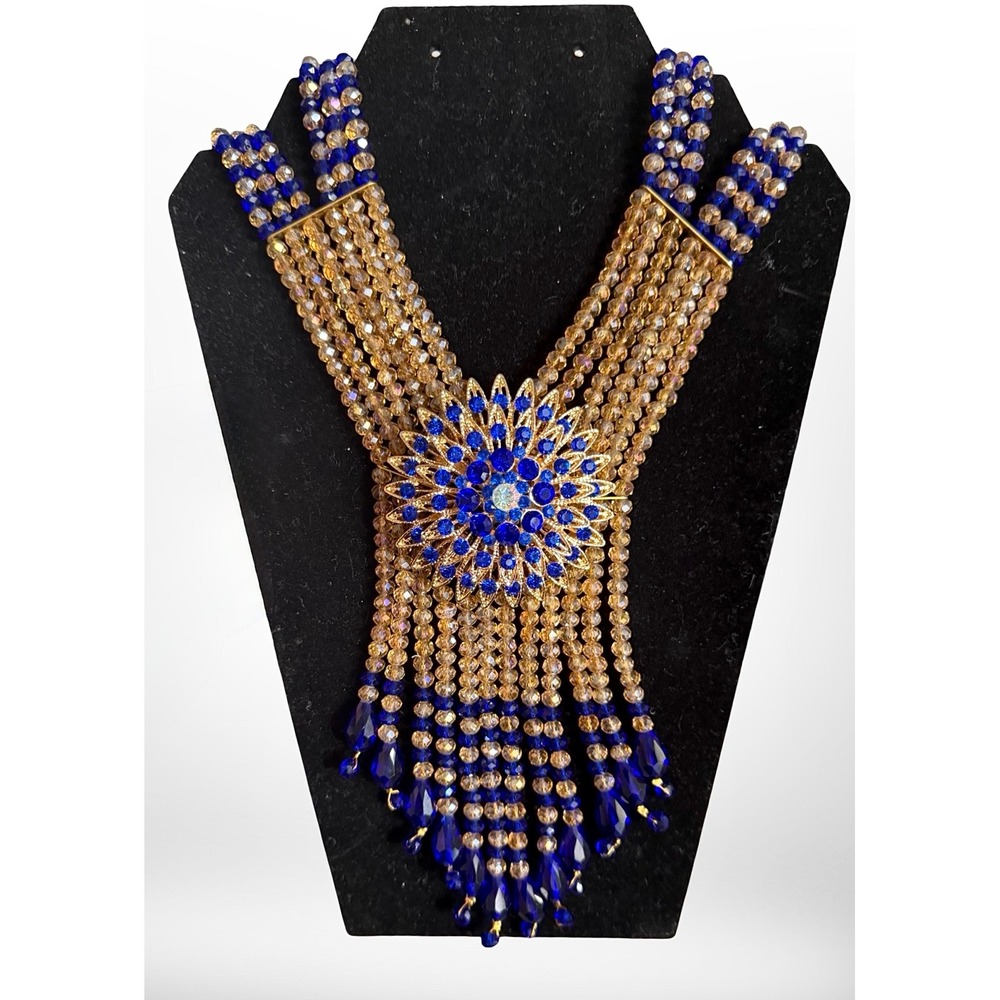 Blue Champagne Glass Bead Multi Strand Bib Statement Necklace Sunburst Medallion